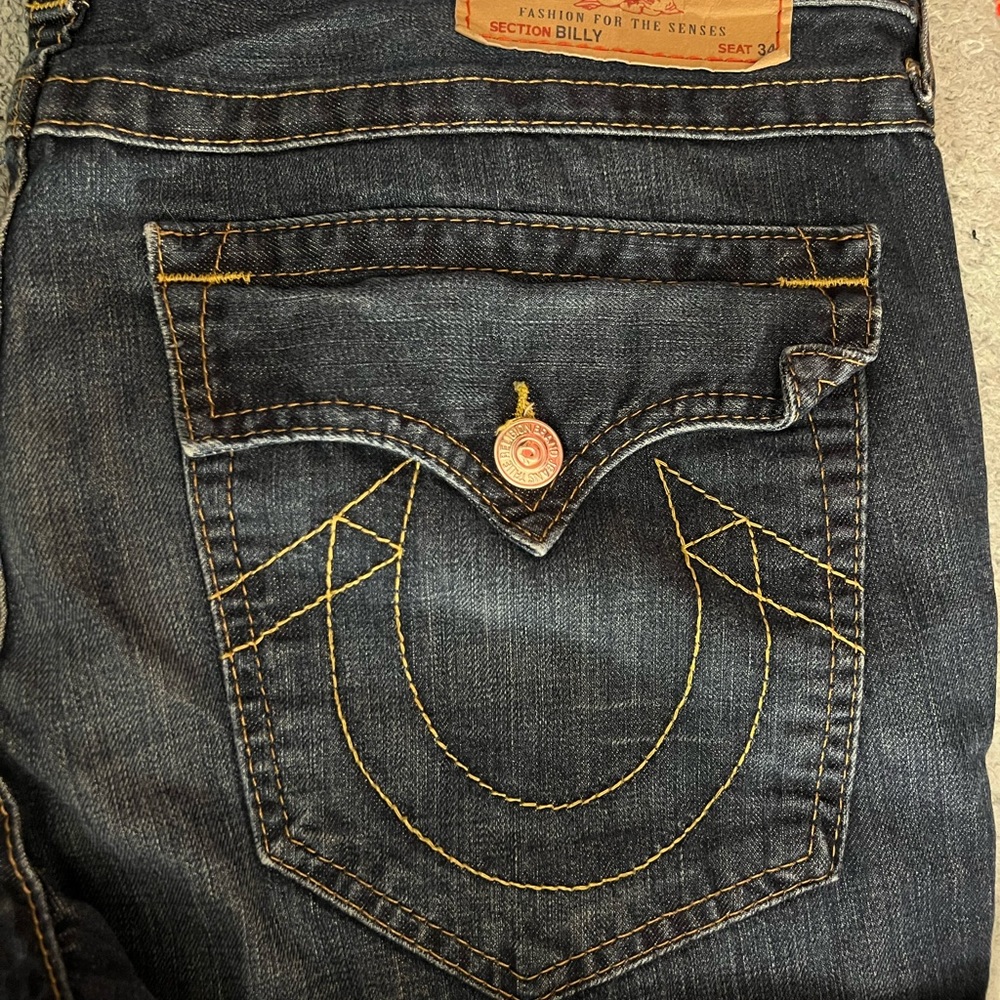 True Religion 5 pocket zip fly wide leg jeans denim button back pockets